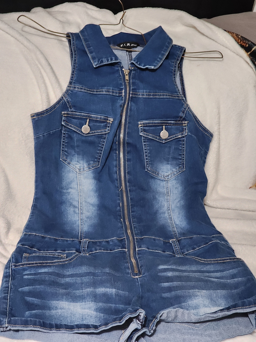 VIP Blue Denim Zip-Front Sleeveless Romper